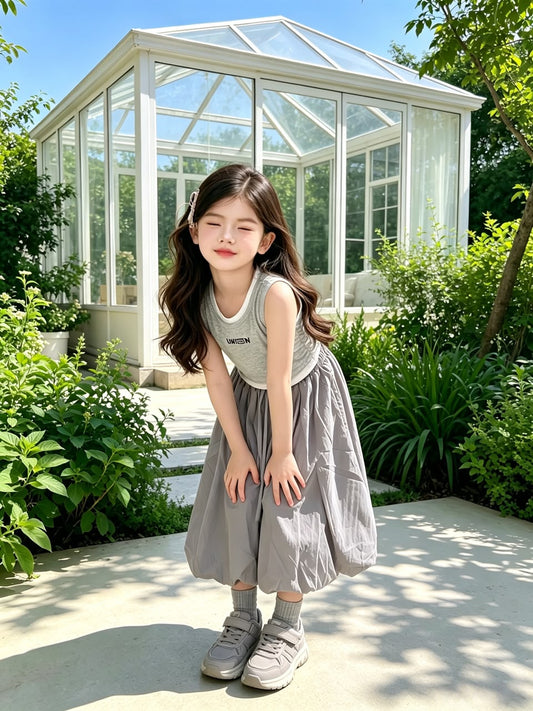 Grey-White Faux Two-Piece Bud Skirt 灰白拼接假两件花苞裙