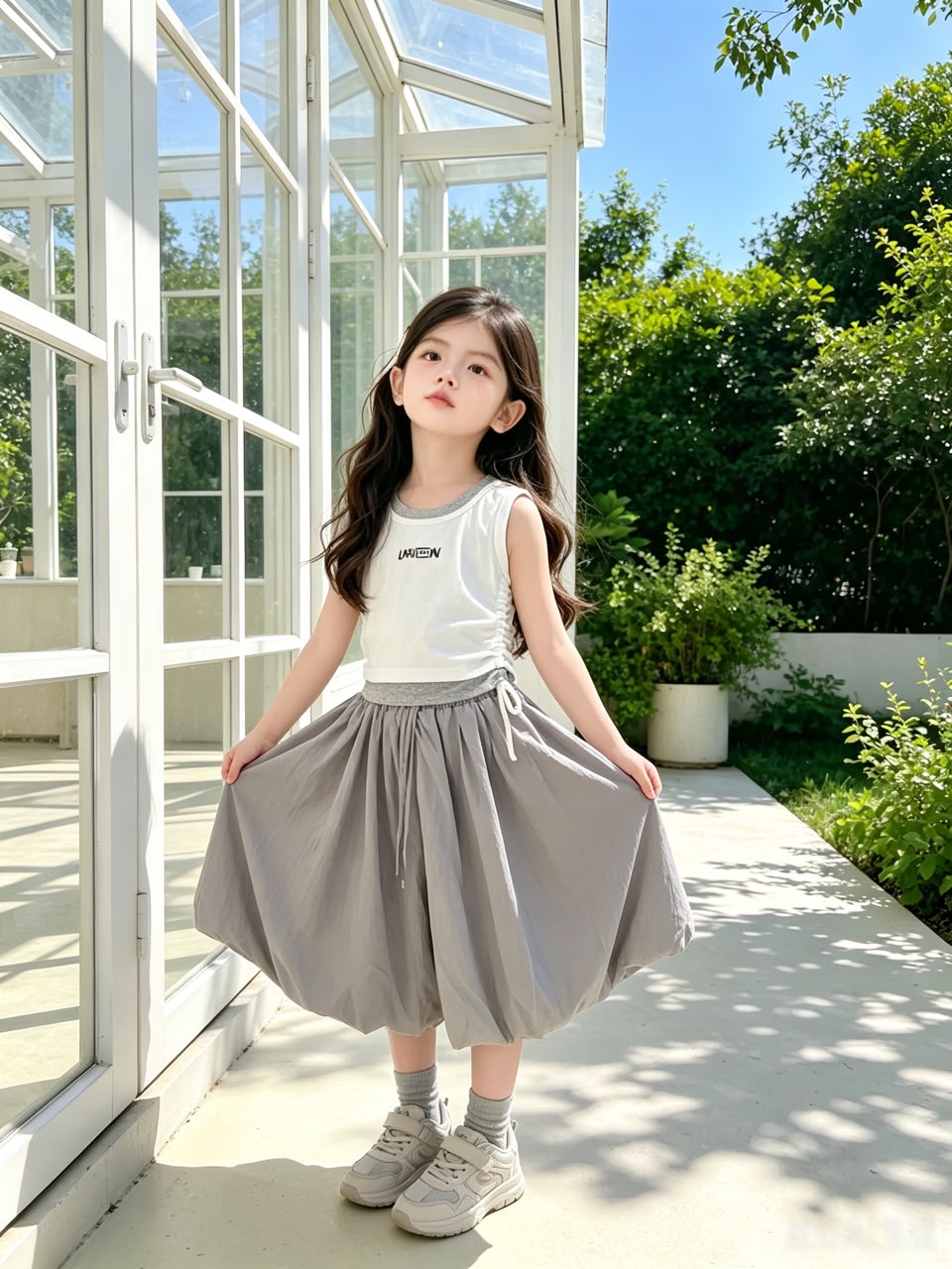 Grey-White Faux Two-Piece Bud Skirt 灰白拼接假两件花苞裙