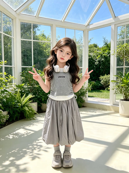 Grey-White Faux Two-Piece Bud Skirt 灰白拼接假两件花苞裙