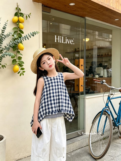 Retro Blue Plaid Two-Piece Set 复古蓝格拼接两件套