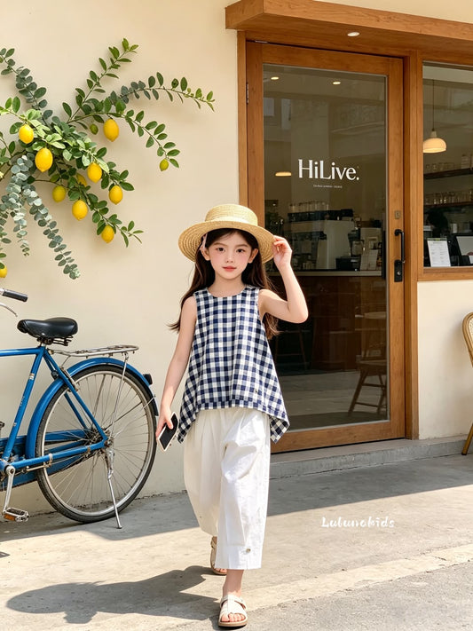 Retro Blue Plaid Two-Piece Set 复古蓝格拼接两件套