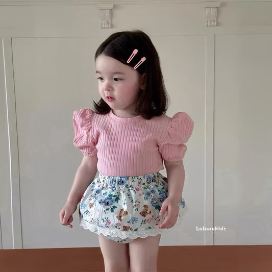 Pink Puff Sleeve Bodysuit Pants 粉色泡泡袖包屁裤