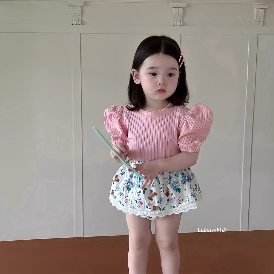 Pink Puff Sleeve Bodysuit Pants 粉色泡泡袖包屁裤