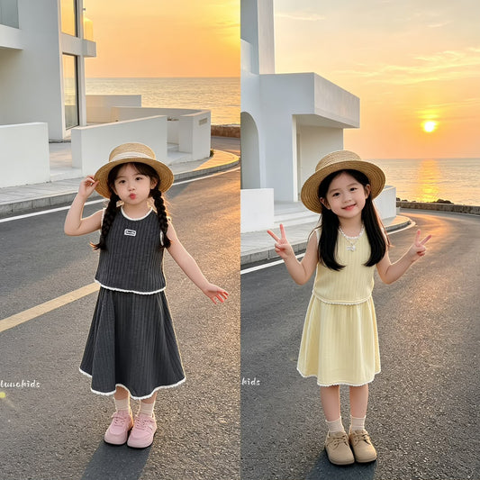 Knit Lace Vest & Skirt Set 针织花边背心半裙套装