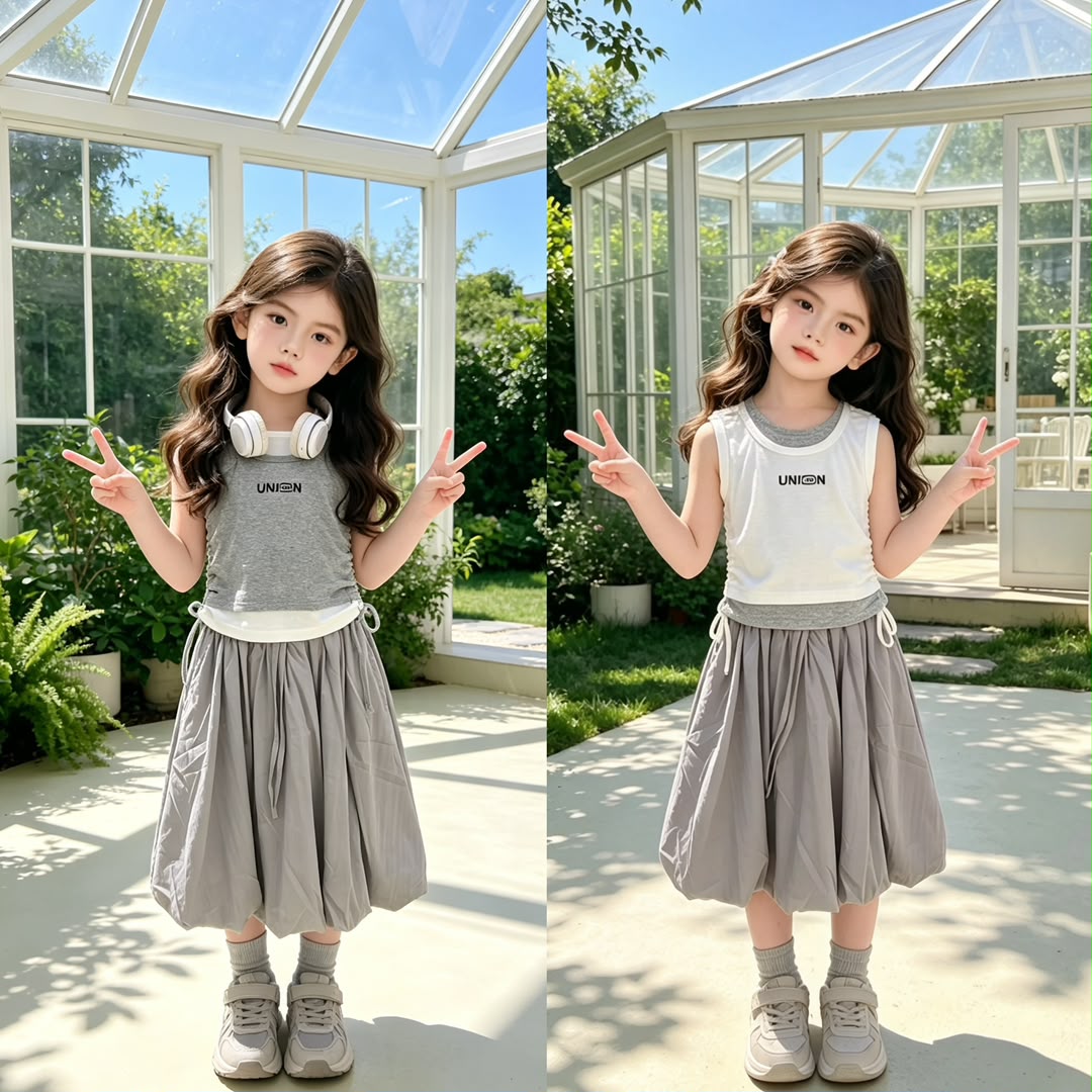 Grey-White Faux Two-Piece Bud Skirt 灰白拼接假两件花苞裙